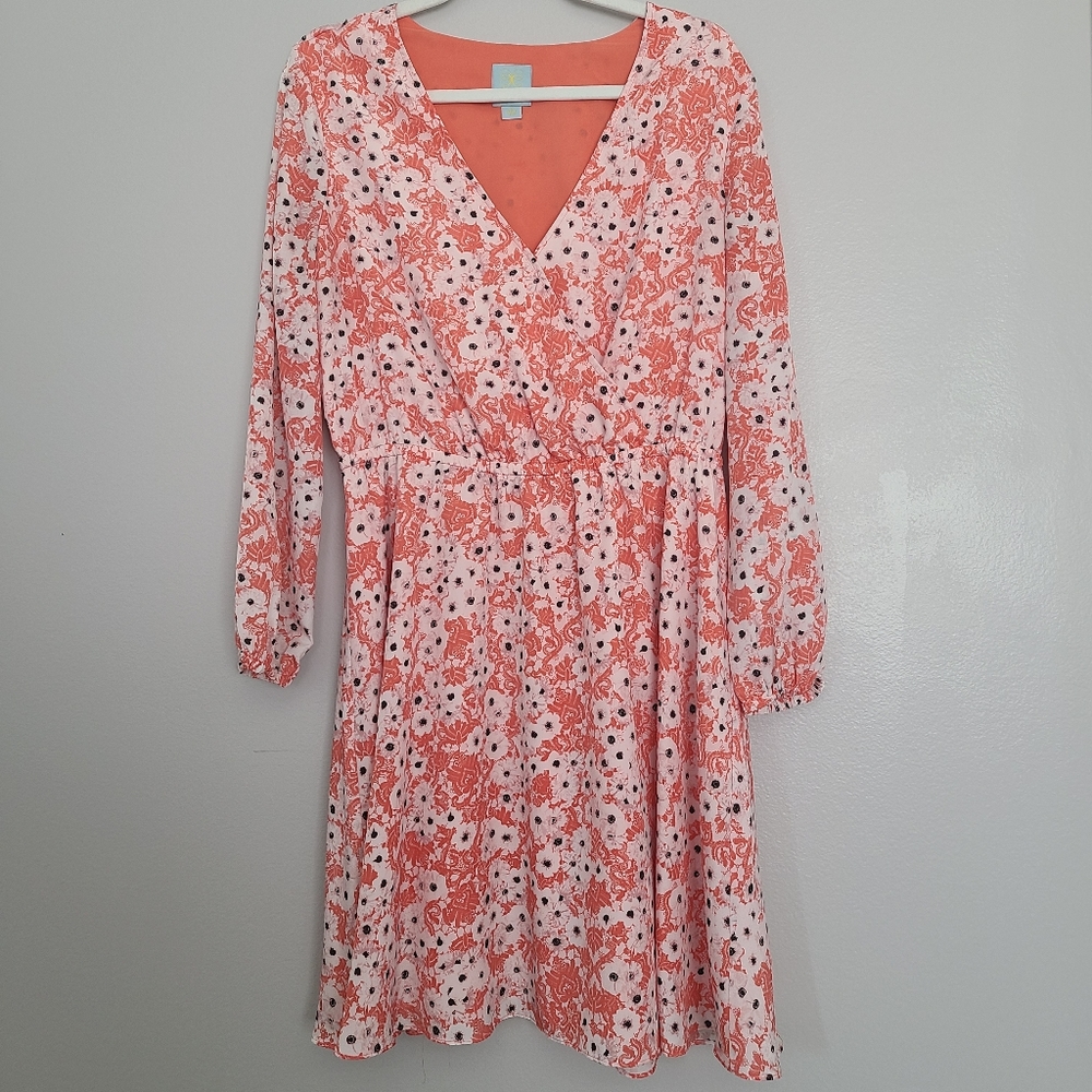 Cece Romantic Peach Floral V-neck Faux Wrap A-line Long Sleeve Dress XL /  US 12